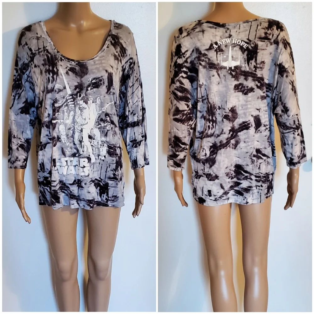 Rock & Republic Star Wars Womens L Tie-Dye Gray Sparkly Tunic Top Leia Skywalker - Picture 10 of 13